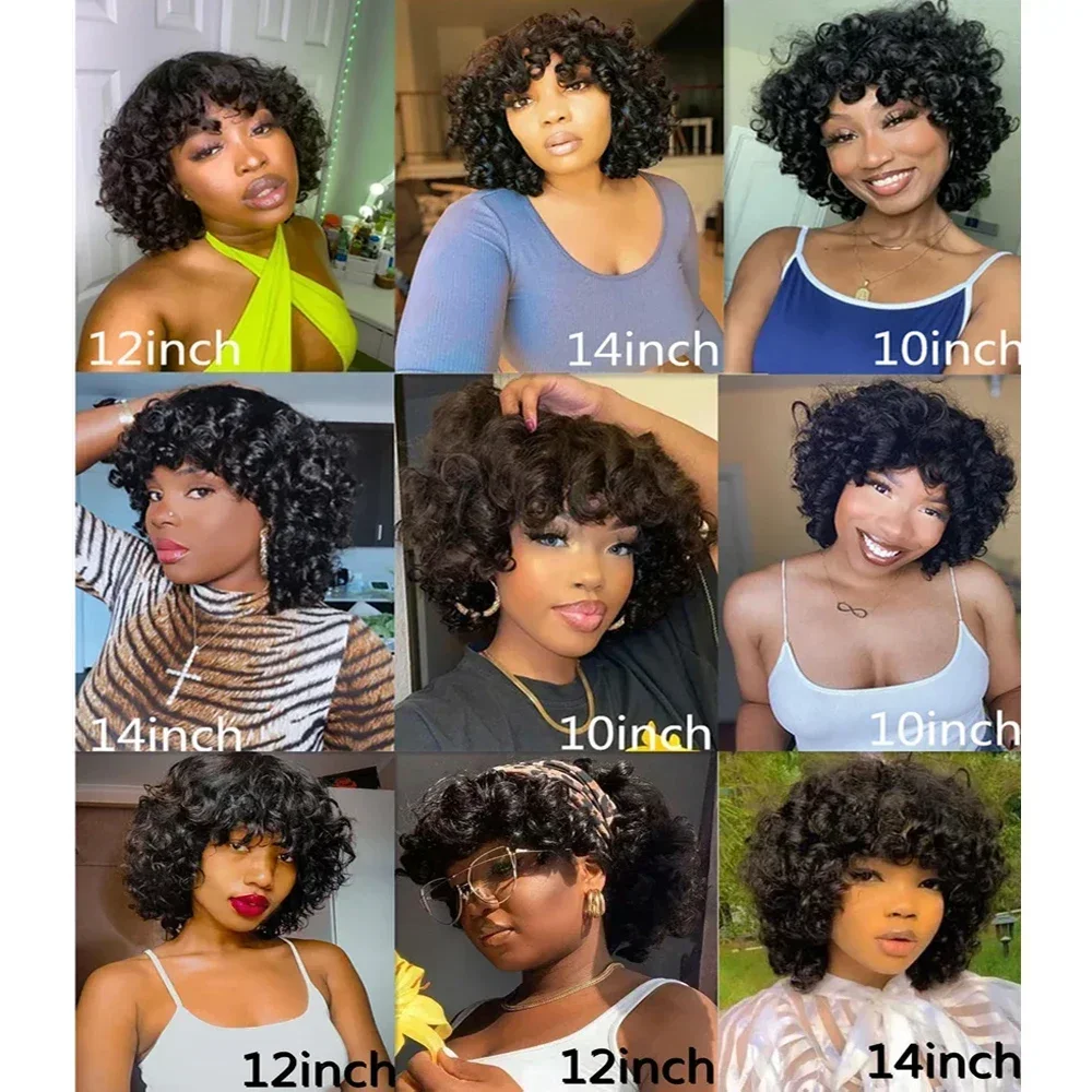 Human Hair Wigs Fluffy Bouncy Curly Human Hair Wigs with Bangs perruques cheveux humains 180% Density Funmi Curls Short Bob Wig for Black Women