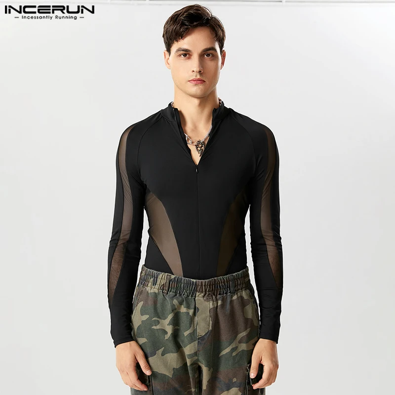 Men Bodysuits Mesh Patchwork V Neck Streetwear Long Sleeve Male Rompers Zipper Transparent Fashion T Shirt
