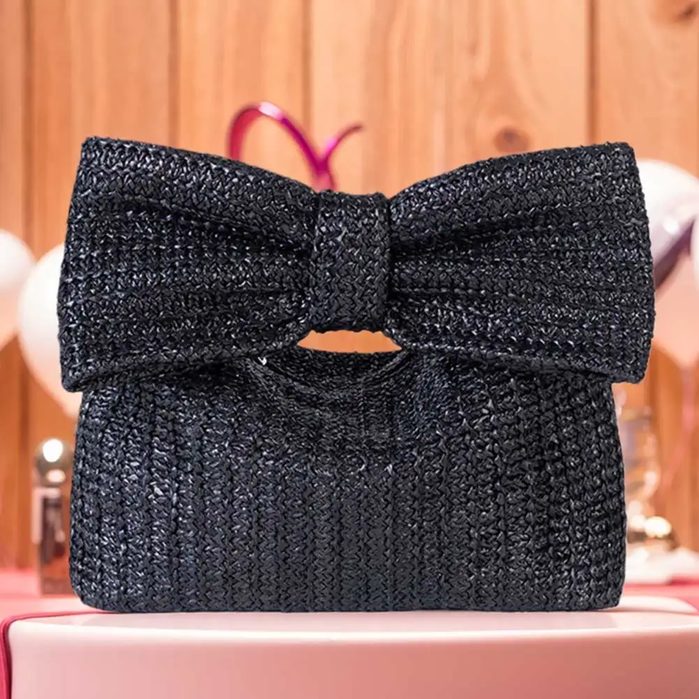 Women's Evening Clutch Straw Crochet Beach Handbag Zipper Closure with Bow Weaving Purse Ladies Woven Dinner Bag Summer Knit Bag