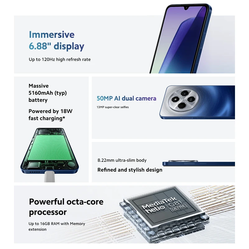 Global Version Xiaomi Redmi 14C Smartphone 6.88'' 120Hz Display MediaTek Helio G81-Ultra 5160mAh Battery 50MP AI Dual Camera 2