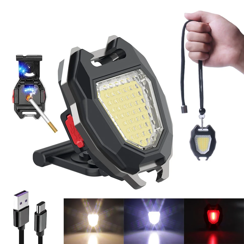 

LED Portable Flashlight Mini Keychain Flashlight COB Work Light USB Rechargeable For Outdoor Camping COB Light Cigarette Lighter