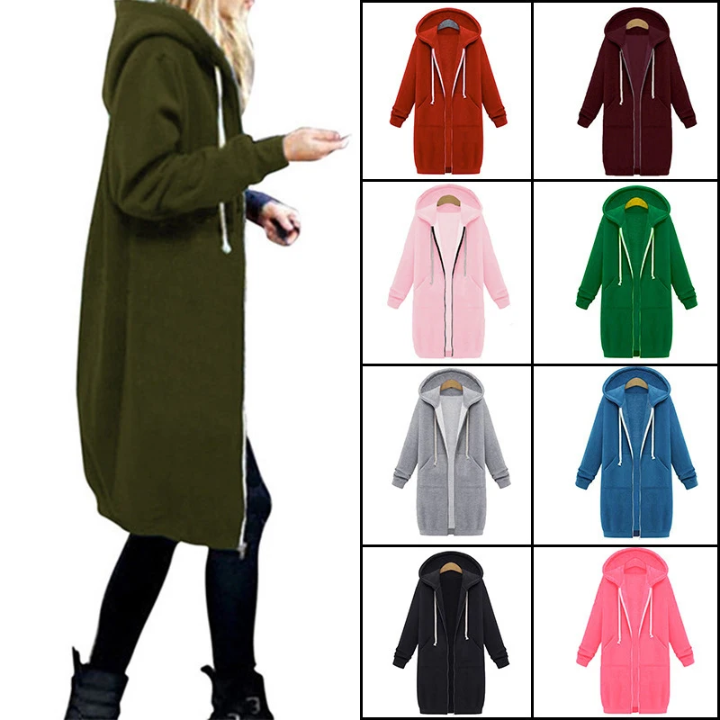 

Autumn Winter Women's Hooded Long Sleeved Sweater Medium Length Jacket Solid Color Zipper Top Loose Drawsting Warm Clothing
