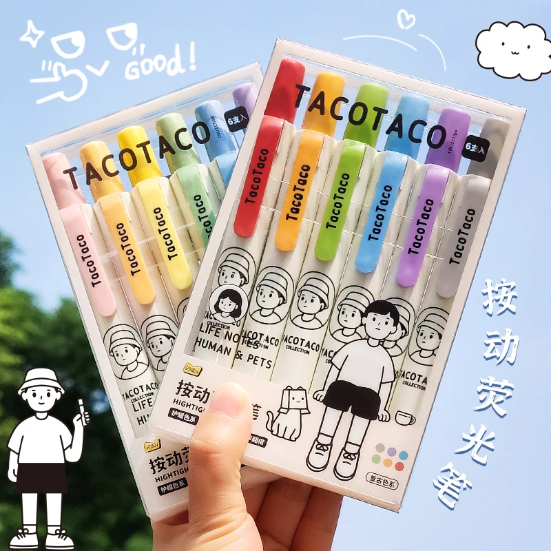 

6pcs/set High Quality Press Highlighter Large Capacity Color Marker Retro Morandi Color Notebook Notebook Multi-color Marker