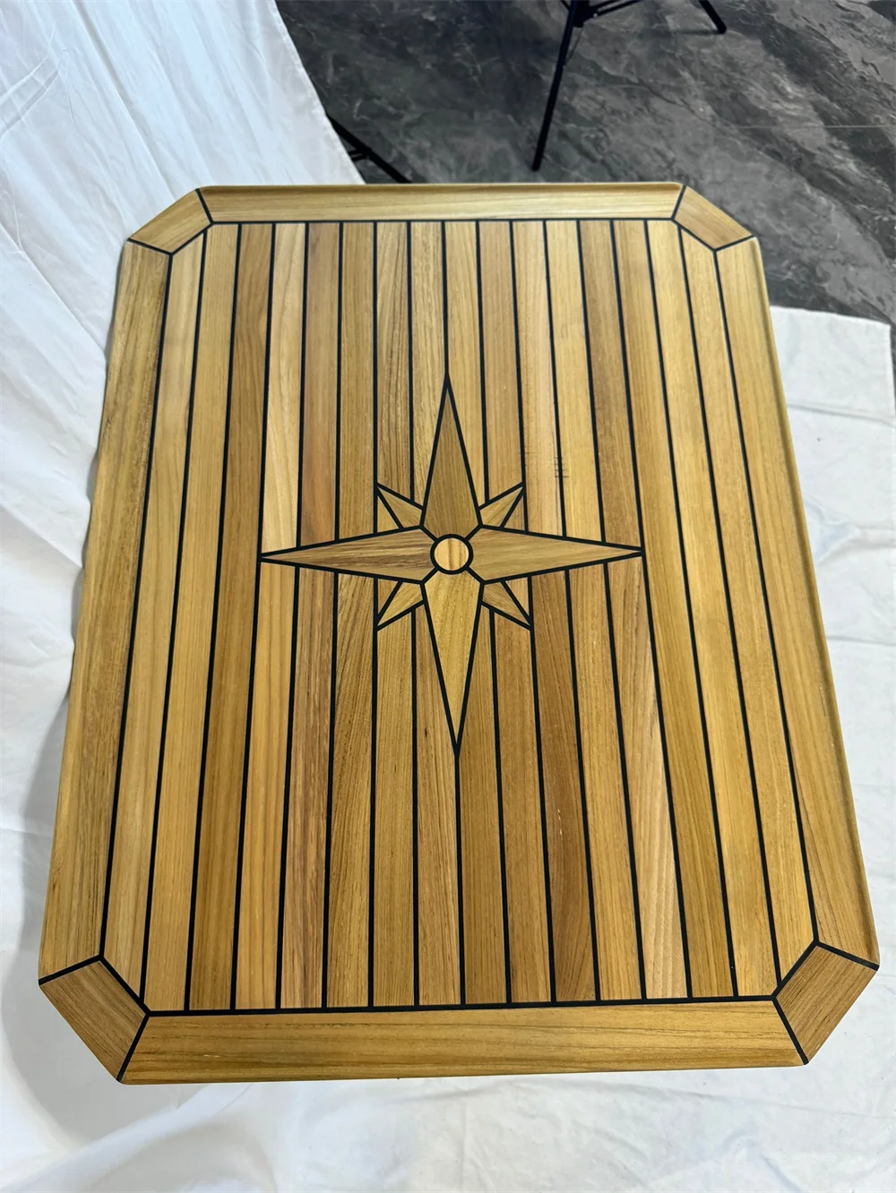 Tonneau / Table Pliante En Teck - Incrustation étoiles - 470/960x650 Mm - Pour Bateau, Yacht, Camping-car