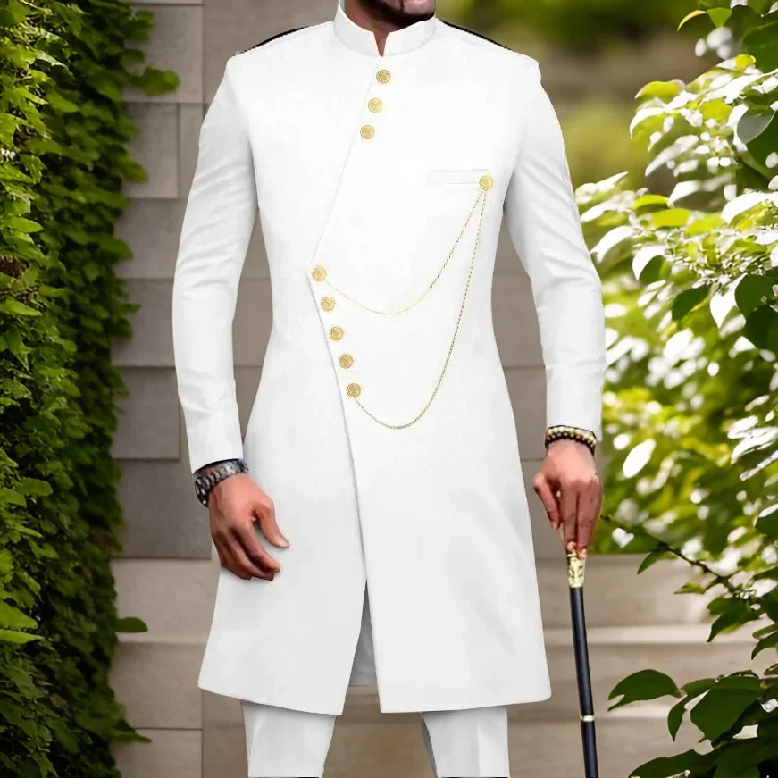 

Men`s Suits For African Wedding With Dashiki Mandarin Stand Collar Long Jackets Pants 2 Pcs Slim Fit Formal Outfits Coats 2024