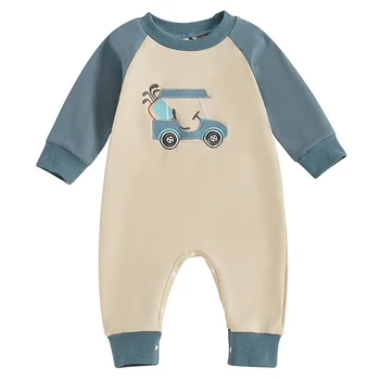 Newborn Baby Boy Autumn Romper Golf Cart Embroidery Long Sleeve Crew Neck Full Length Jumpsuit Casual Toddlers Clothes 1