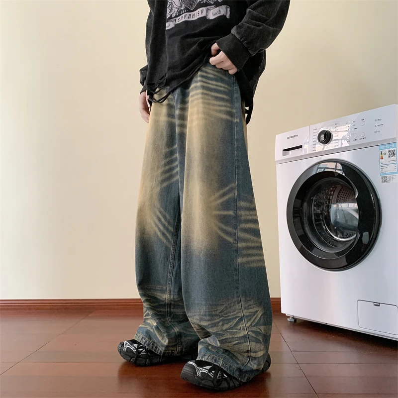Fashion Blue Tie-dye Wide-leg Jeans Men Distressed Baggy Straight Denim Pants Men High Street Jean Pants Mopping Trousers 3