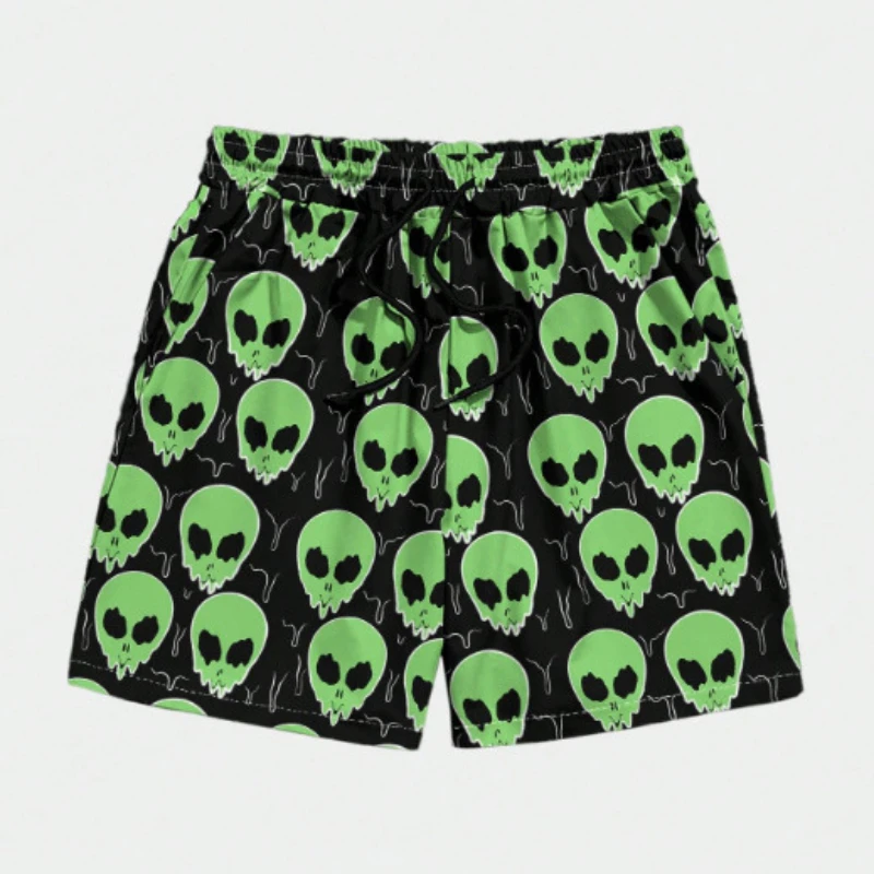

New 2024 Summer Youth Men Beach Pant Quick Drying Shorts Alien Printing Green Loose Letter Drawstring Swimming Trunks Vacation