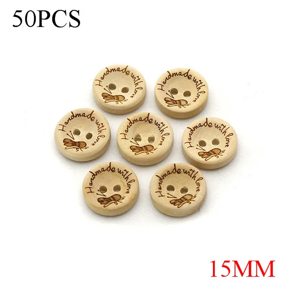 50Pcs Handmade With Love Wood Buttons Natural Color Yarn Pattern