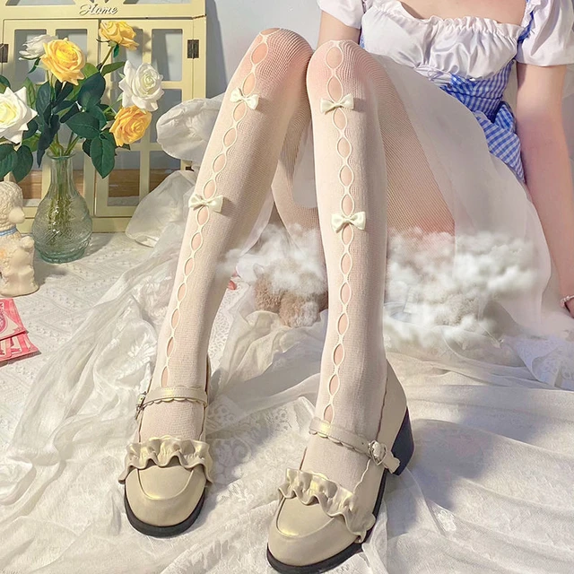 PSWL Sexy Women High Waist Fishnet Stocking Club Tights Panty Knitting Net  Pantyhose Mesh Lingerie Anime Lolita Cosplay Costumes (Color : Flower style  white, Size : Fit for 40KG-70KG): Buy Online at