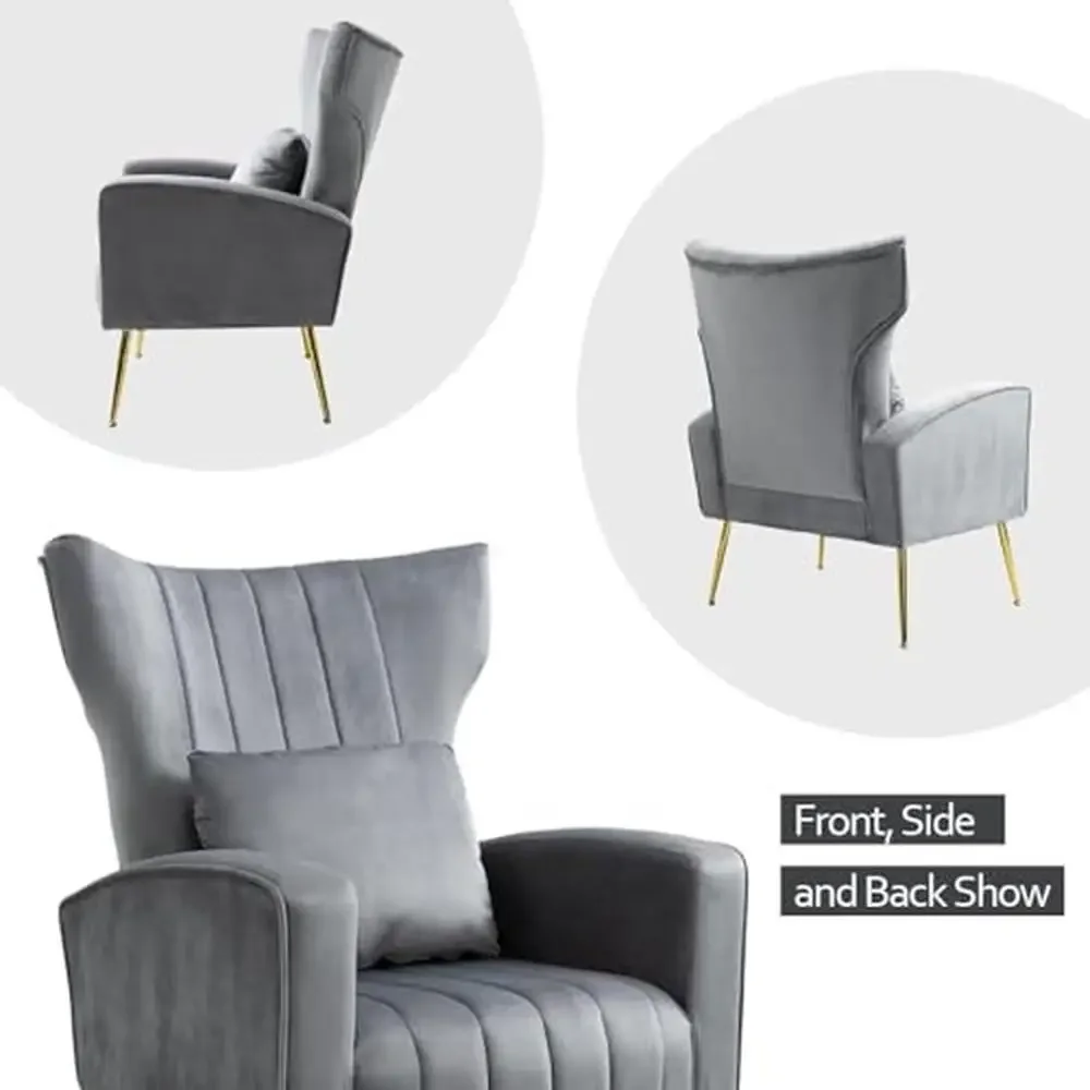 Accent Chairs Set of 2 with Wingback & Lumbar Pillow Velvet Upholstery Cozy Seating Mid-Century Style Living Room Bedroom Office