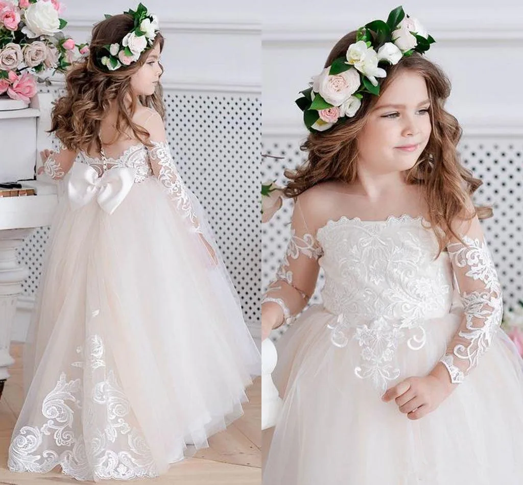 

Long-sleeved Lace Print Bare-shouldered Angel Flower Girl Dress Wedding Party Ball First Communion Dresses Dream Kids Gift