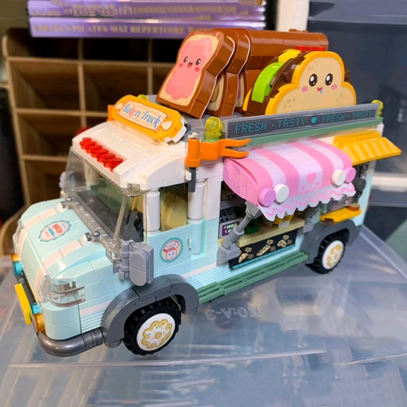 

Toys for Children Vehicle World Bread Car Bakery Food Truck Donuts Cake Shop Picnic 3D Model DIY Mini Blocks Bricks Building