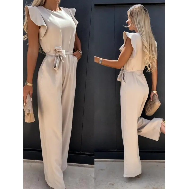 Elegant Women\'s Jumpsuits 2023 Summer Solid Casual Fashion Ruffle Lace Jumpsuits Female One Piece Garment S-XXL