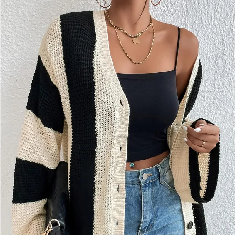 Suéter tipo cárdigan de moda con contraste calado para mujer, prenda de punto holgada de manga larga, ropa de calle de retazos, abrigo para mujer