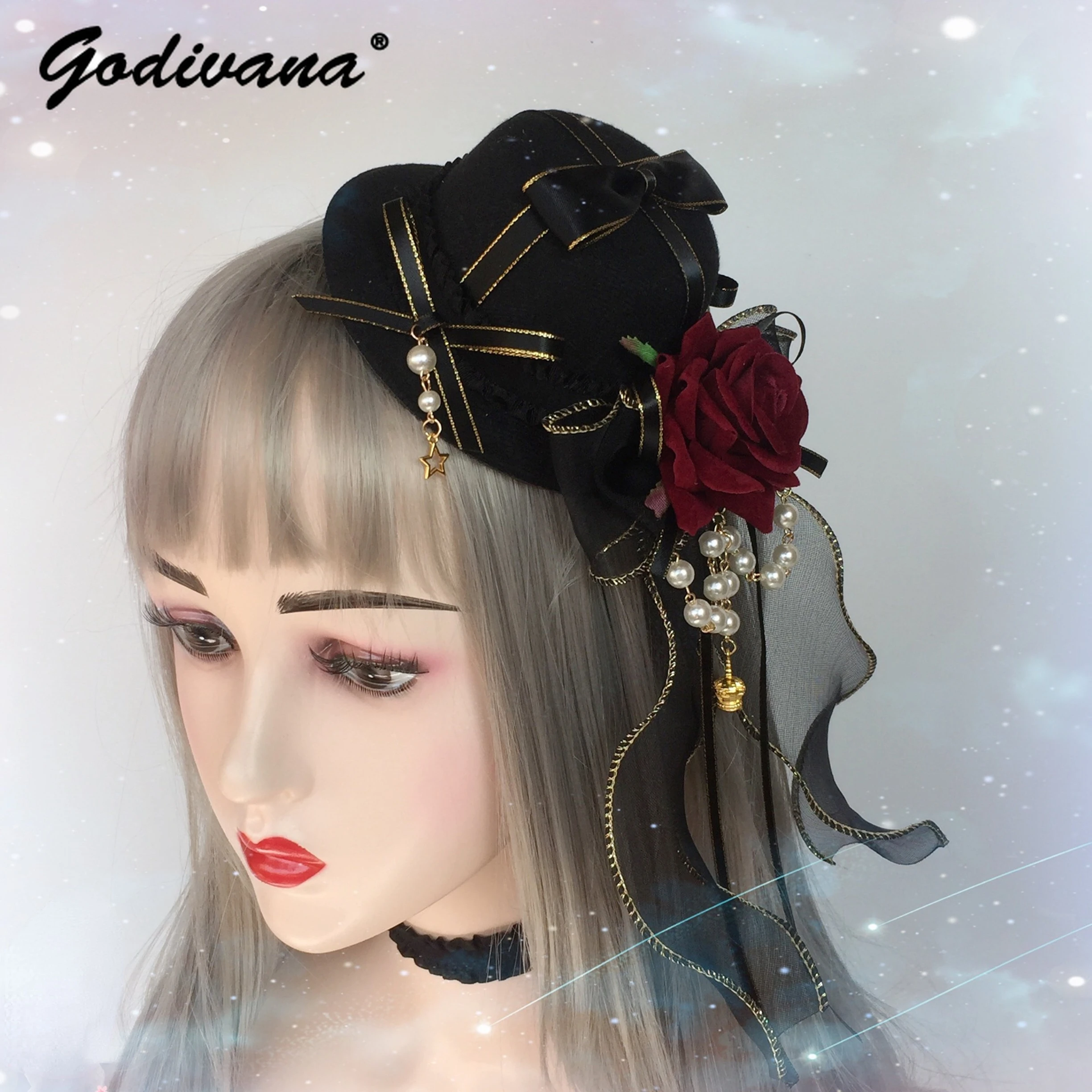 Lolita Top Hat Gadget Gothic All-Match Lolita Wine Red Flower Pill Crown Headdress Fascinators Hats For Wedding Party For Women