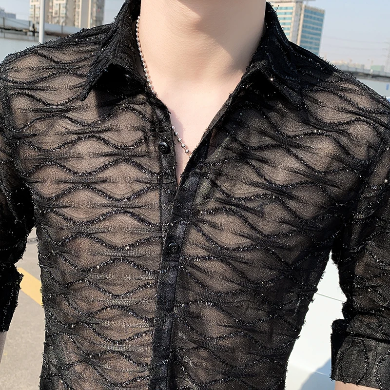 2022 Spring Summer Casual Shirt Streetwear Social Party Tuxedo Singer Stage  Chemise Homme Loose Hollow See-through Shirt Men - AliExpress