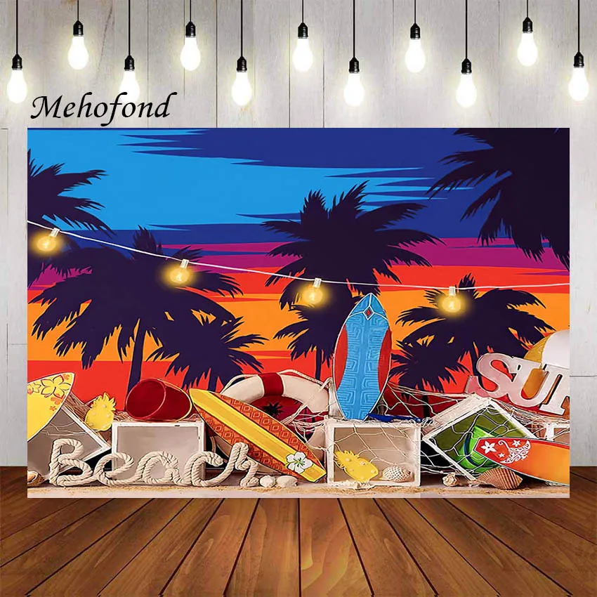 

Mehofond Photography Background Summer Beach Seaside Surfboard Palm Trees Boy Birthday Cake Smash Decor Backdrop Photo Studio