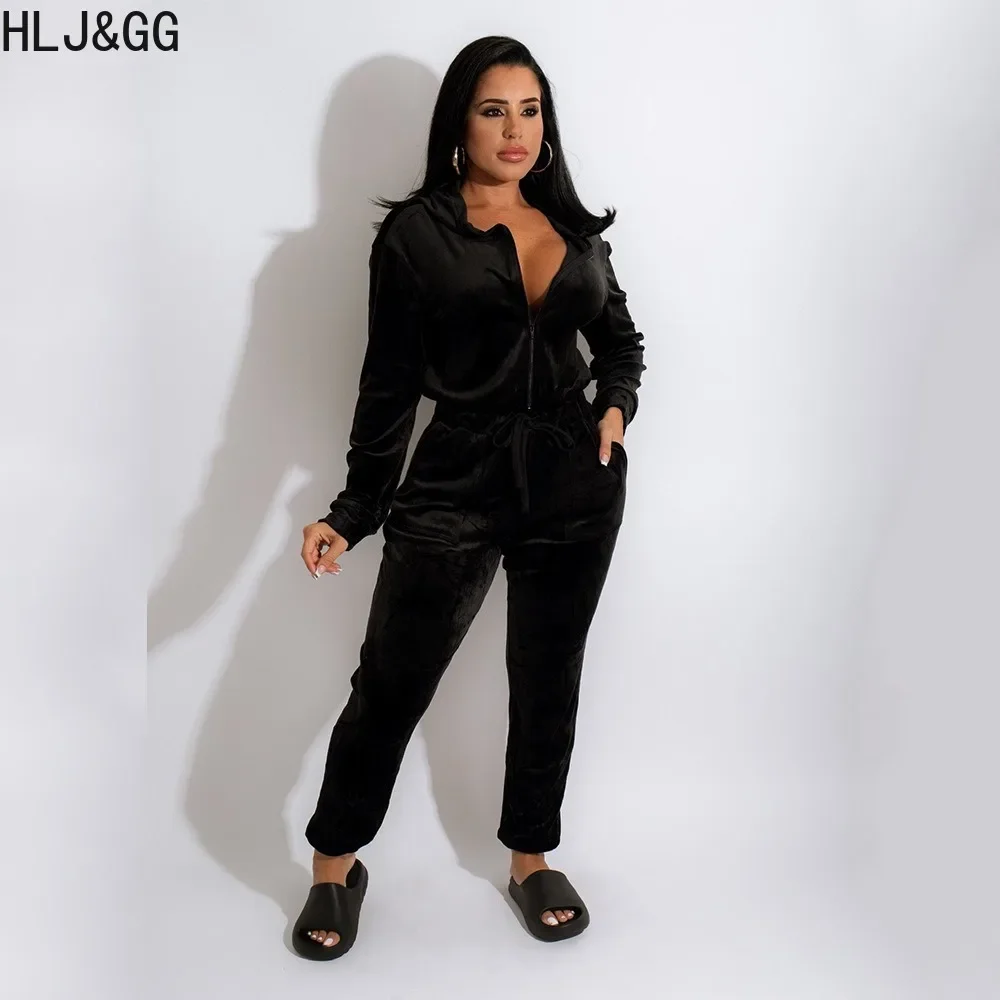 HLJ&GG Winter Casual Velvet Drawstring Jumpsuits Women Hooded Zipper Long Sleeve Sporty Playsuits Female Jogger Pants Overalls