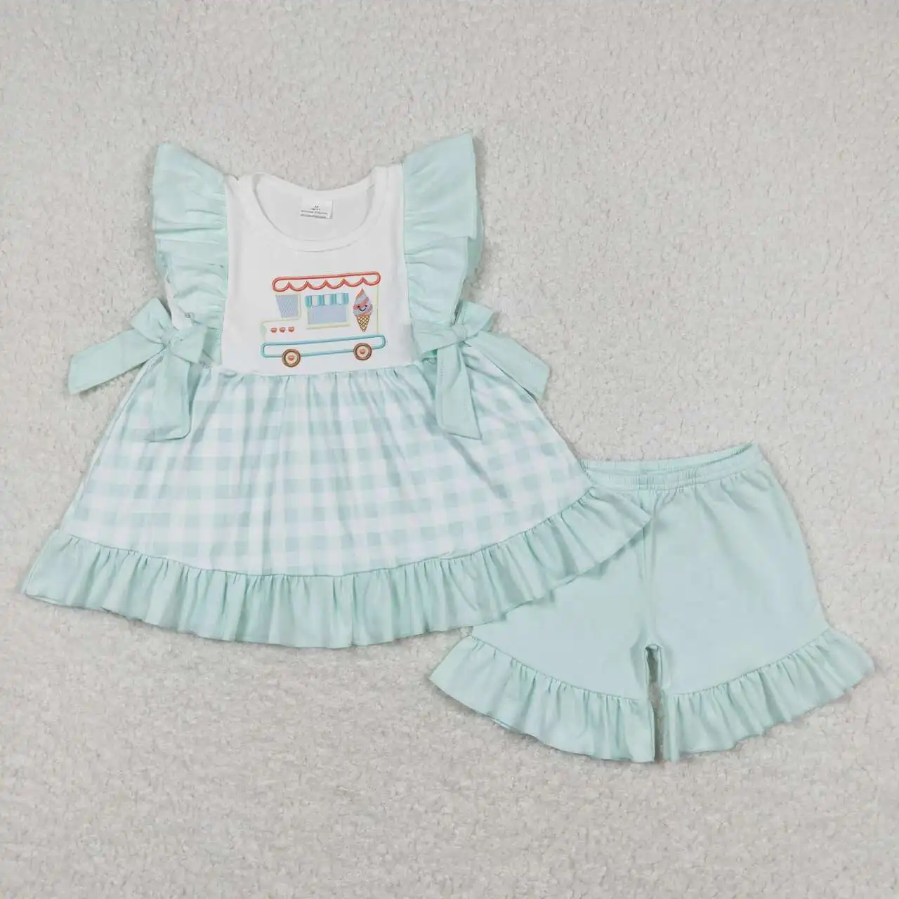 

wholesale hot sale western boutique clothing for baby girls clothes Ice cream truck plaid teal lace bow sleeveless shorts suit