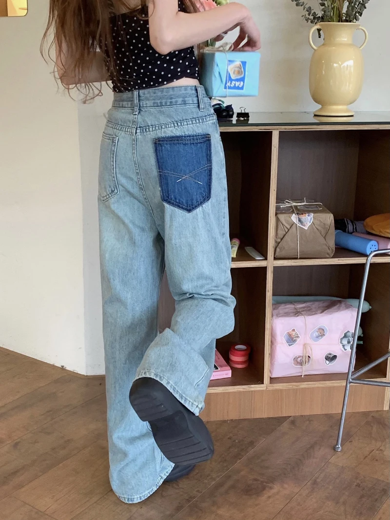 

Slergiri Vintage Loose Wide-leg Washed Blue Women's Jeans Korean Fashion Pockets High Waisted Casual Straight Denim Trousers