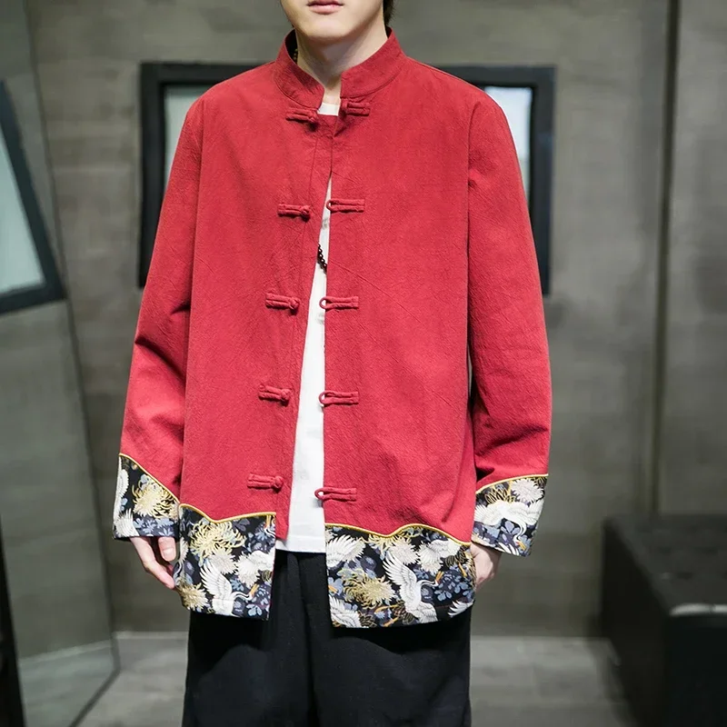Mens Chinese Style Embroidered Jacket Cotton Linen Tang Suit Wudang Disc Button Chinese Tunic Suit Tops Men Cloting