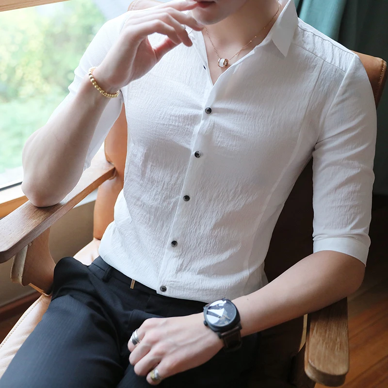 

2023 New Summer Solid Color Seven-quarter Sleeve Shirt Korean Version Men Slim Casual Business Sleeve Shirt Dress Shirt for Men