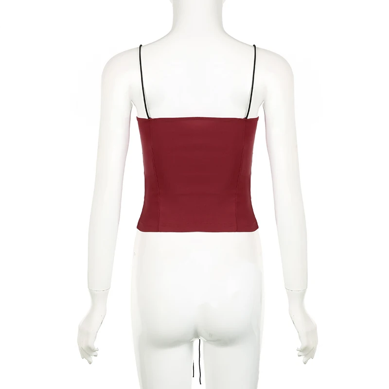 Camisola sexy ajustada con lazo para mujer, con parches en contraste y ojales, estilo retro Y2K para fiesta y club.