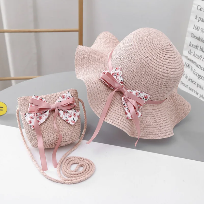 Fashion Style Kids Hat for Girls 2-7Y Straw Children's SunshadeCap Bag Summer Baby Travel Sunscreen Beach HatSun Fisherman Cap