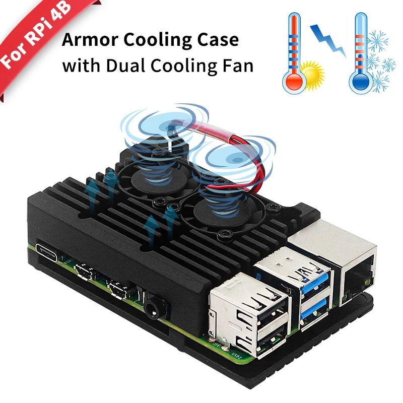 Raspberry pi Modelo b Case com Mini Ventiladores de Refrigeração Dupla Concha Protetora de Refrigeração Concha de Liga de Alumínio Capa para Rpi 4b