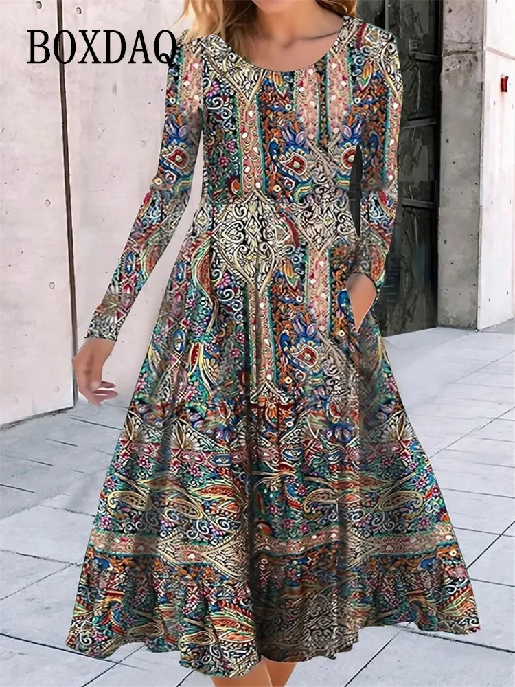 

Vintage Geometry Print Long Dress Women Autumn Winter Robe Long Sleeve Party Dresses Casual Pockets Maxi Dresses Female Vestidos