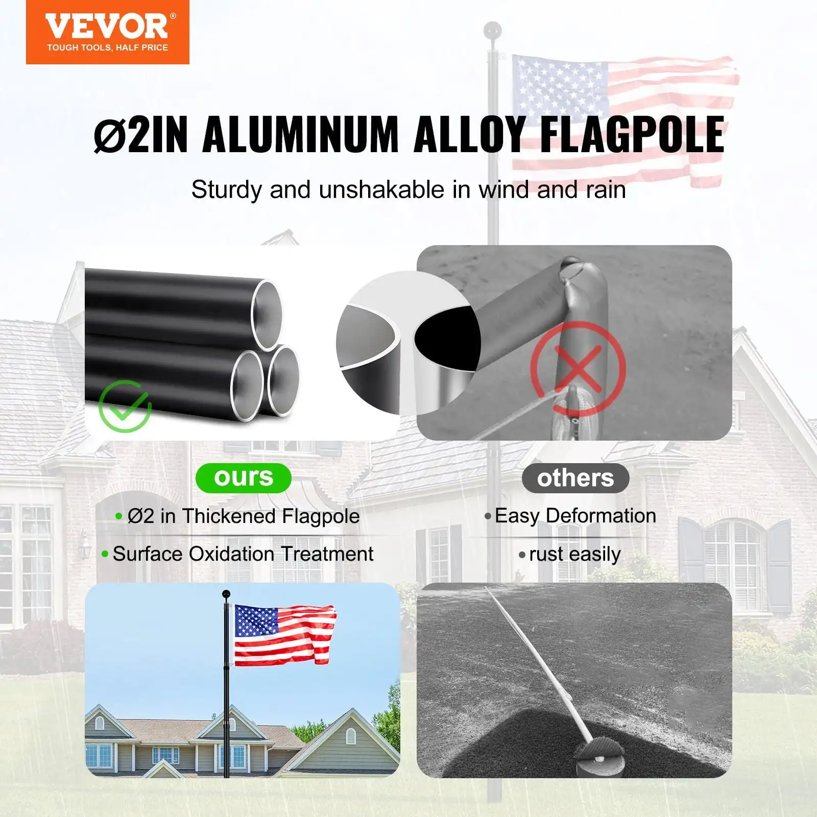20FT Telescopic Flagpole Kit Heavy Duty Aluminum Flag Pole American Black