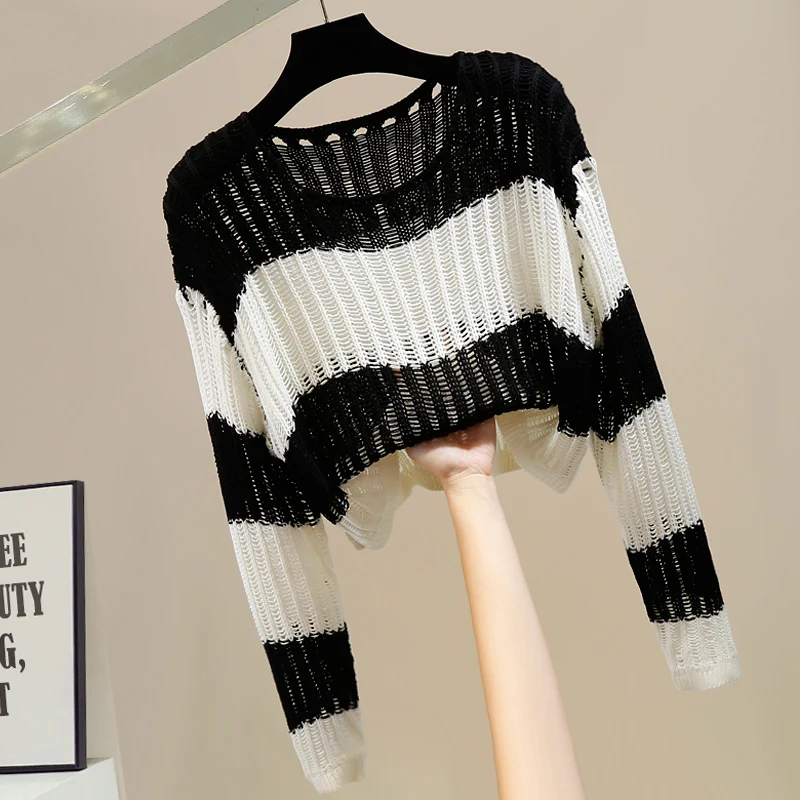 

Fashion Hollowed-out Round Neck Pullover Short Contrast Color Striped Knitted T-Shirts Women Loose All-Matching Top Pull Femme