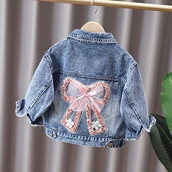 Girls' Denim Jacket with Cute Rabbit and Lace Bow Design