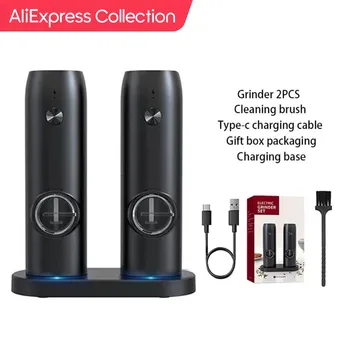 AliExpress 컬렉션 전기 소금 및 후추 연마기 세트, 충전 베이스 및 LED 조명 포함, 조도 조절 가능, 자동