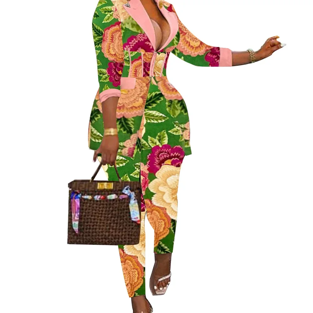 Blazer Women and Pants Two Piece Set 2023 Autumn Winter Fashion Versatile Print Long Sleeves Coats Trousers Female Streetwear