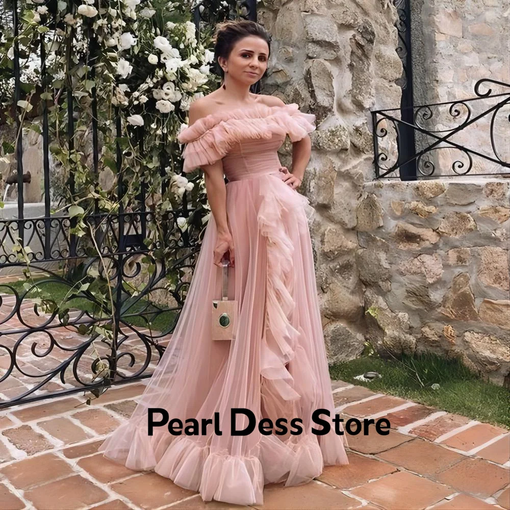 

Pink Tulle Off Shoulder A-Line Prom Dress Gown Sweep Tail Strapless Pleated Party Evening Dress Customized for 2023