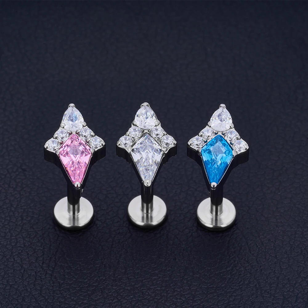 G23 Titanium EAR PIERC Double Horse Eyes Rhombic with CZ Top Cartilage Tragus Earrings Ear Lip Helix Studs Nail Piercing Jewelry