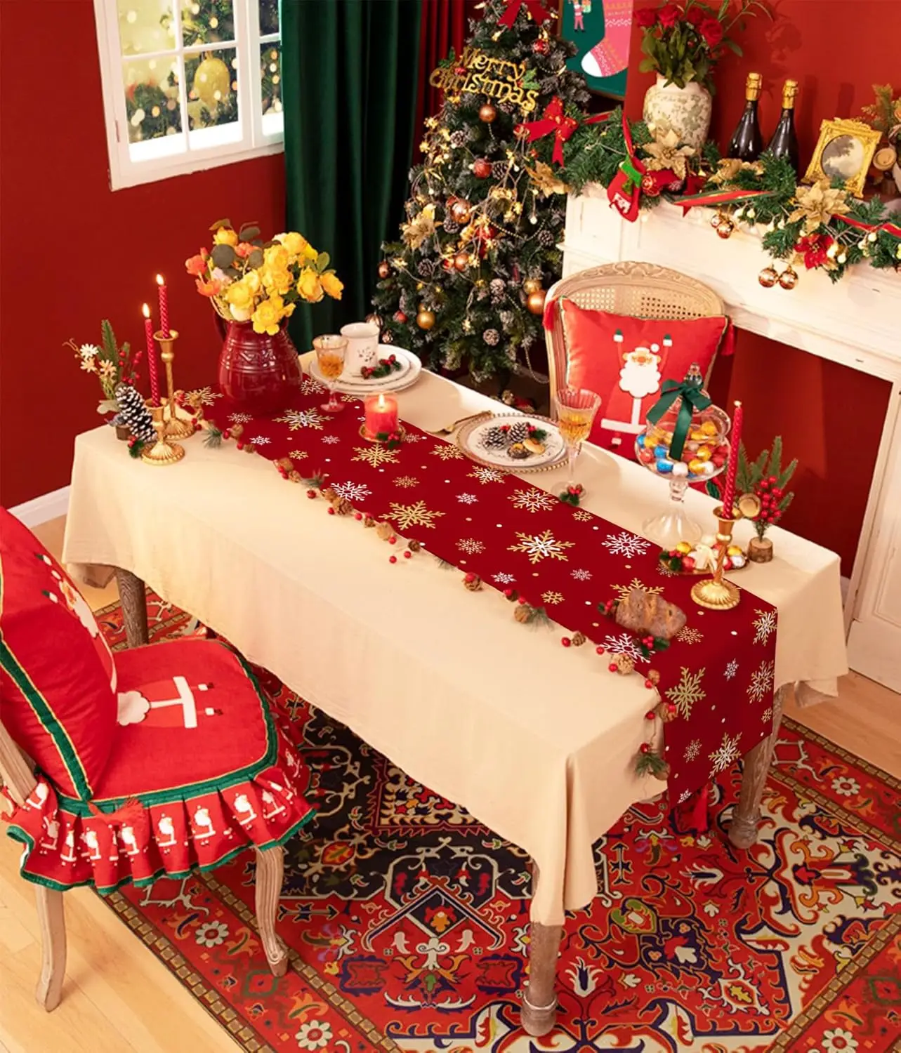 Christmas Gold Snowlfakes Linen Table Runner Holiday Party Decor Winter Xmas Kitchen Dining Table Runners Christmas Decorations 3
