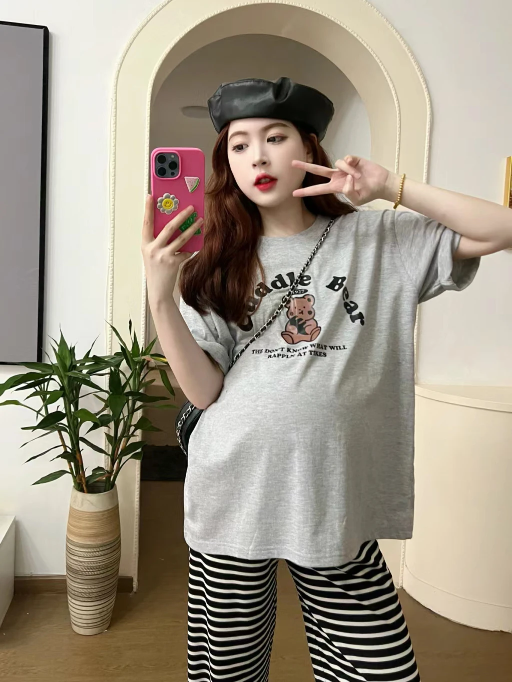 임산부를위한 여름 의상 세트 순수 코튼 얇은 반팔 티셔츠 투피스 세트 소형 한국 스타일 출산복