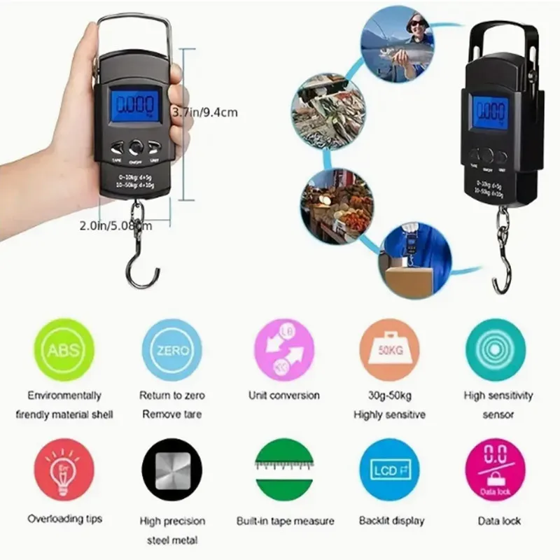 50kg/10g Portable LCD Electronic Hand Scale Travel Hanging Scale 100cm Long Retractable Measuring Tape portable scale