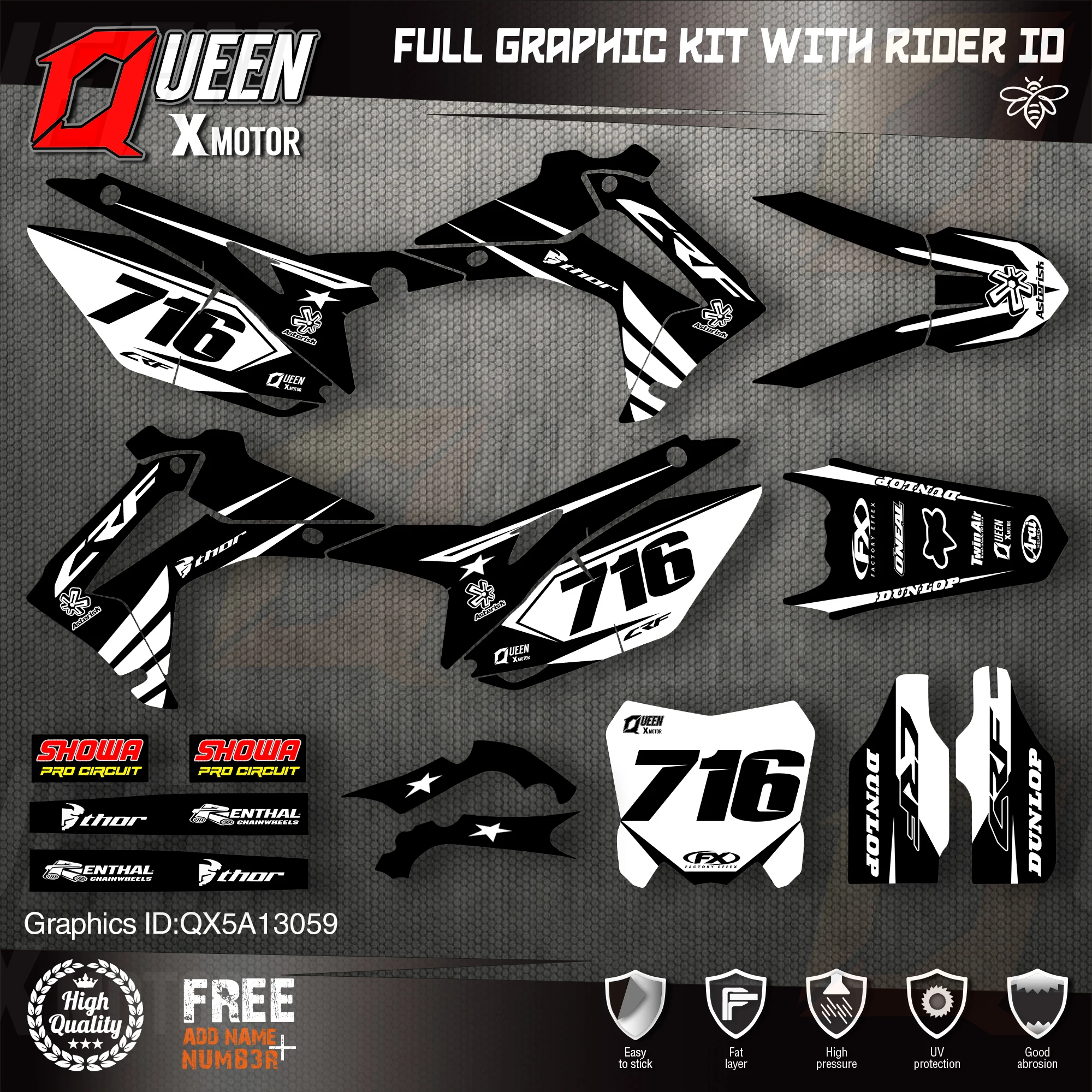 

QUEEN X MOTOR Custom Team Graphics Backgrounds Decals Stickers Kit For HONDA 2014-2017 CRF250R 2013-2016 CRF450R 059