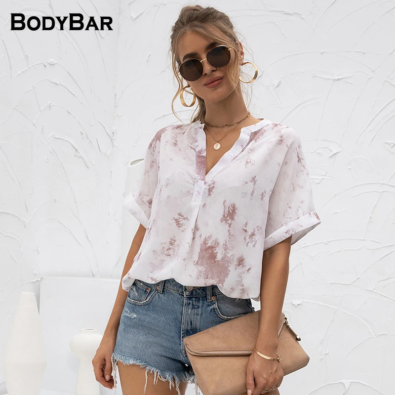 

Casual V-neck Shirt Summer New Arrivals Short-sleeve Ladies Blouse Tie-dye Printing Loose Blusa Large Size Chiffon Women Shirts