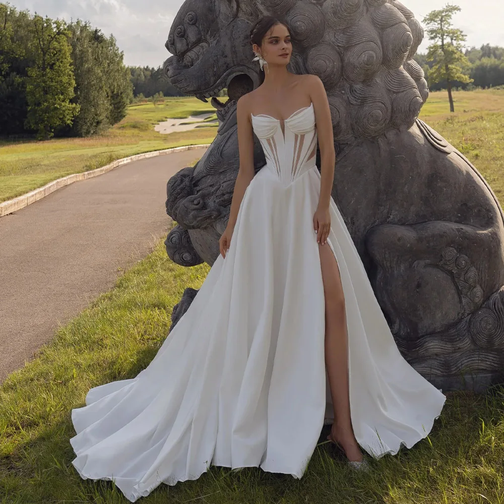 

Popular V-neck Pleat Born Bodice Boho Beach A Line Wedding Dresses Side Slit Custom Made 2024 Rode De Morrie
