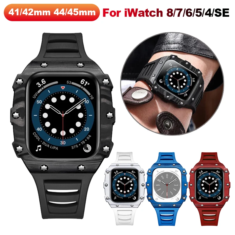 Carbon Fiber Modification Kit for Apple Watch Band 8 7 45mm 41mm Rubber