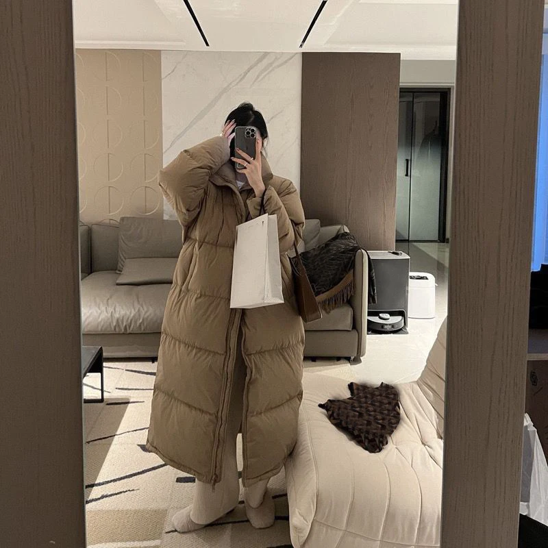 

New Winter Loose Thick Warm Down Jackets Stand Collar Female Long Parkas Coats Korean Vintage Chic Casual Solid Women Clothing