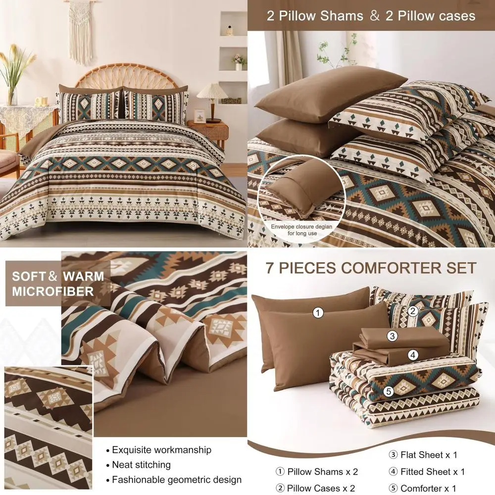 7-Piece Full Size Boho Striped Comforter Set: Soft Brown Microfiber Bedding with Aztec Sheets for All Seasons