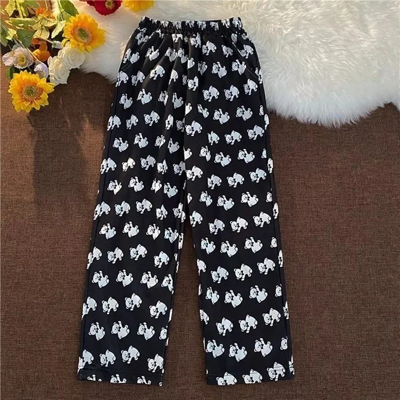 MINGLIUSILI Bear Print Anime Wide Leg Pant New 2021 Fashion Korean Style Pants Women High Waist Loose Casual Clothing | Женская одежда