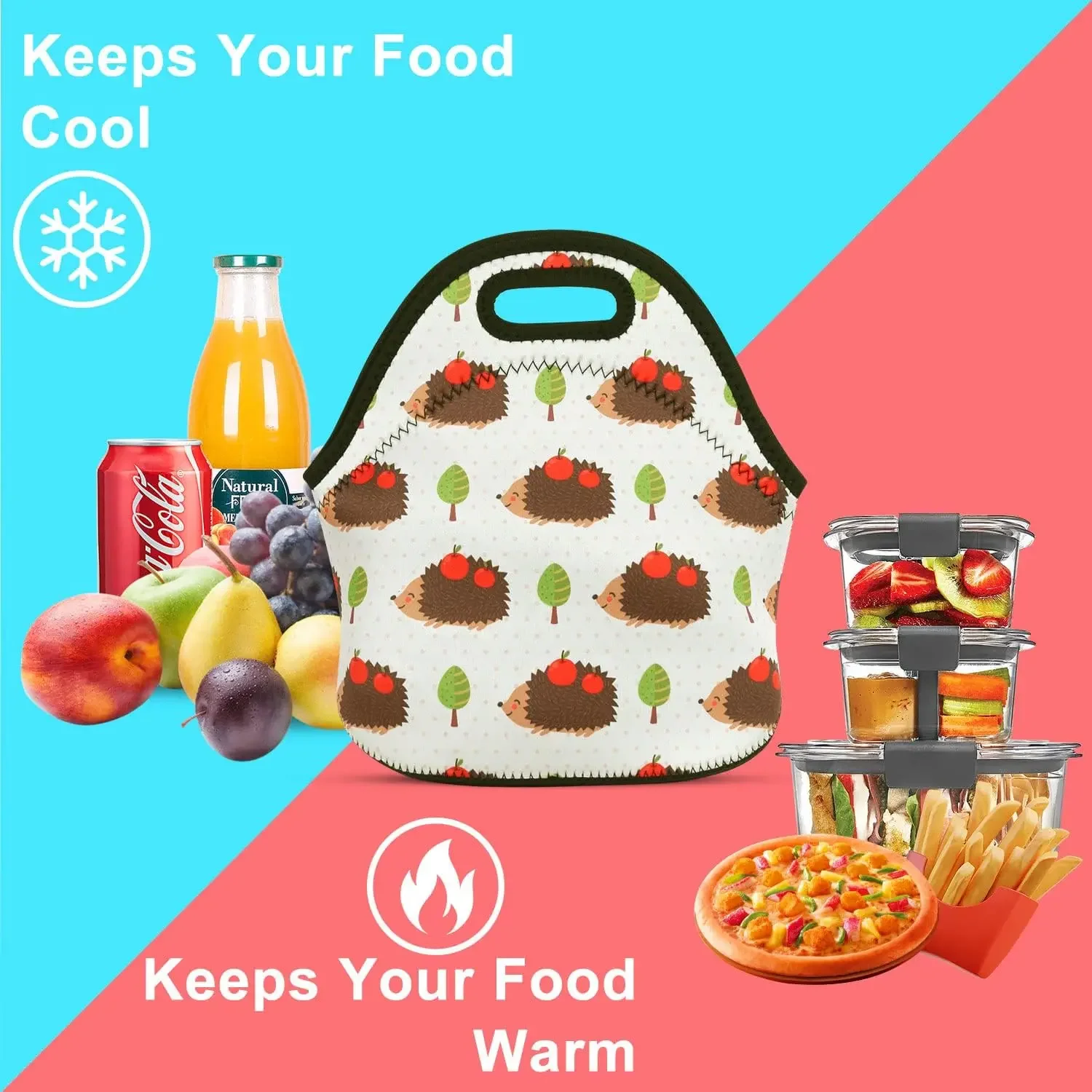 Violet Mist Womens Cute Reusable Neoprene Lunch Bag Insulated Lunch Box Hedgehog Animal Thermal Tote Waterproof Leakproof