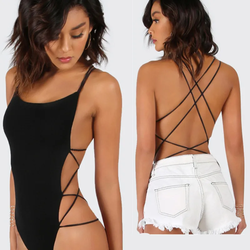 

Strappy Backless Bodysuit Women Black Sleeveless Summer Beach Hot Bodysuits Navy Scoop Neck Cross Slim Cami Bodysuit